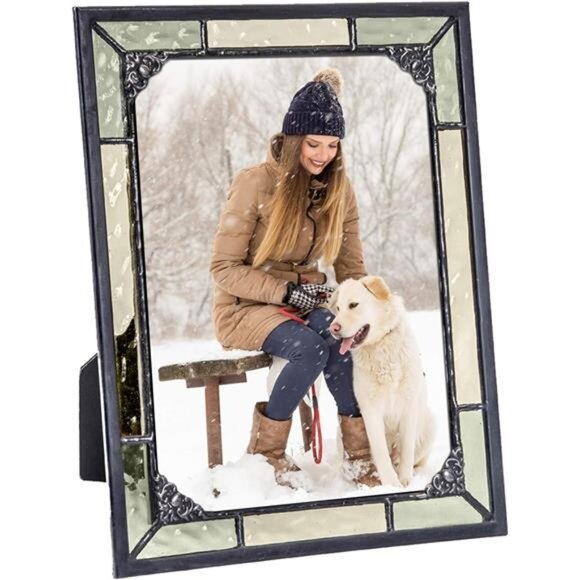 Vintage Green Stained Glass Picture Frame 5x7 Tabletop Photo Display Decor - Picture 2 of 5